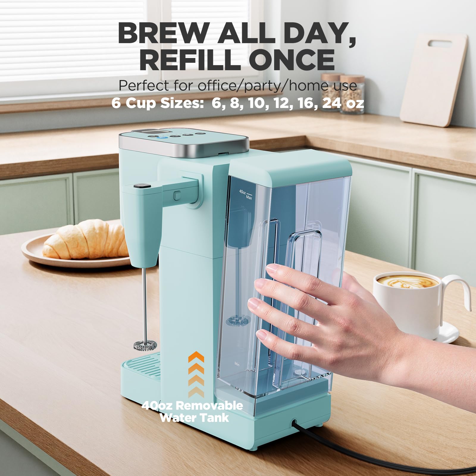 Tastyle teal coffee maker features a 40 oz removable water reservoir for easy refills.