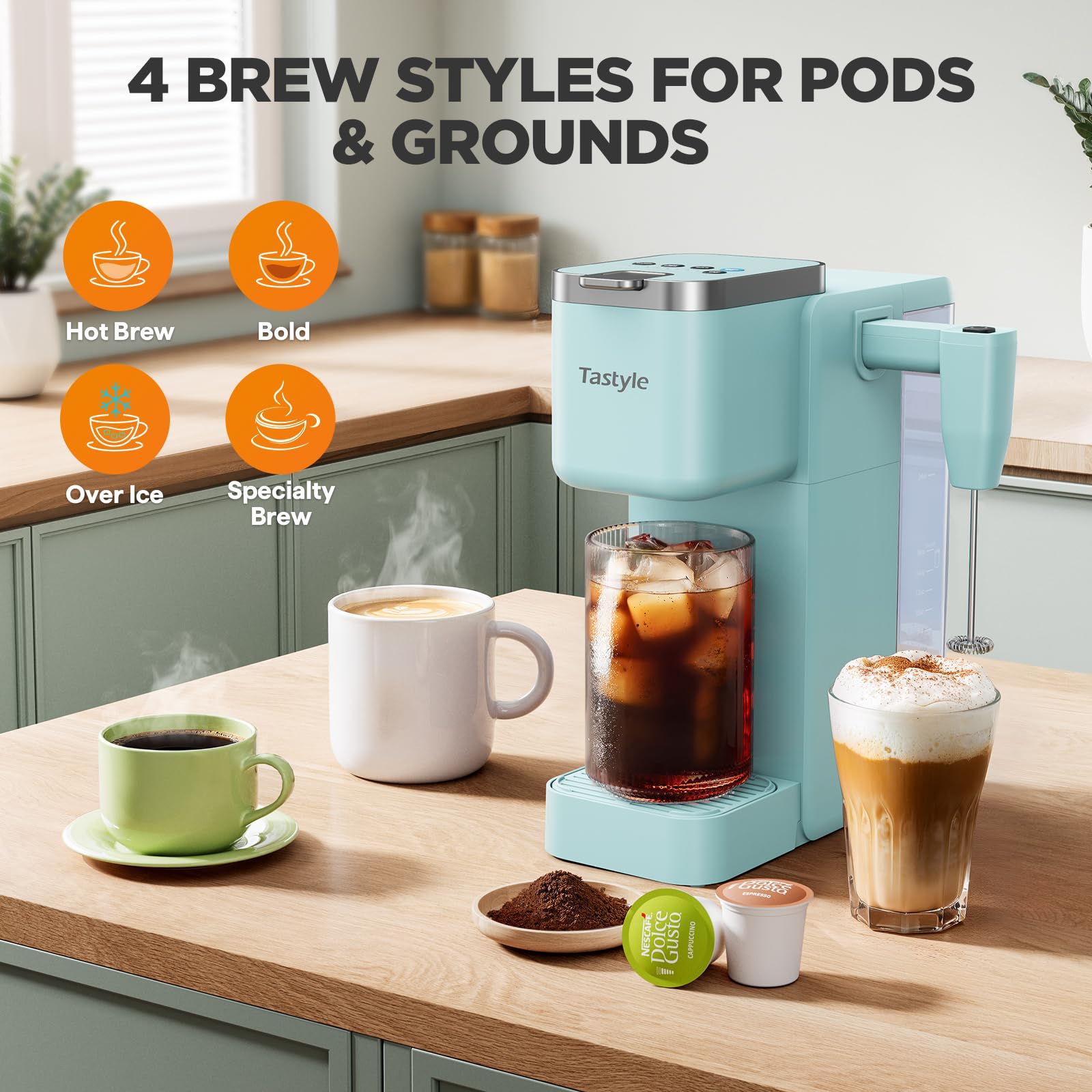 Tastyle teal coffee maker with detachable milk frother creates creamy froth quickly.
