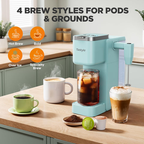 Tastyle teal coffee maker with detachable milk frother creates creamy froth quickly.
