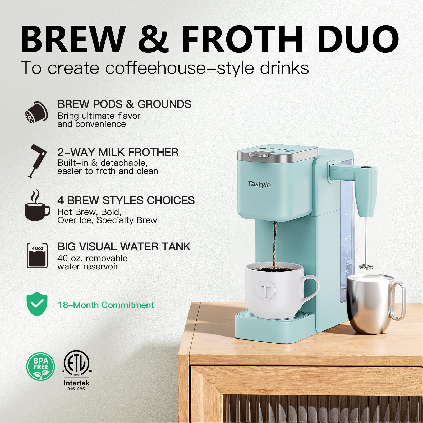 Tastyle teal coffee maker offers four brew styles for personalized coffee moments.