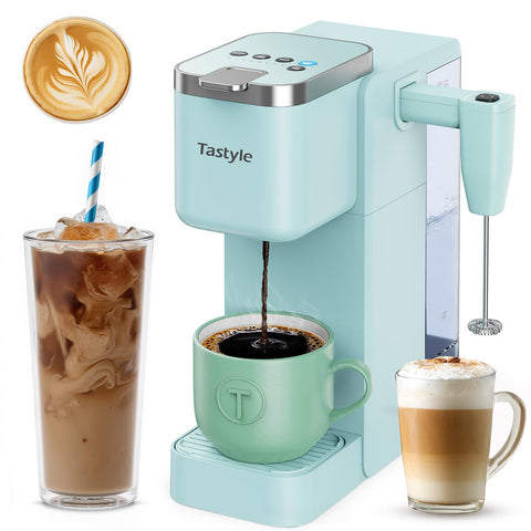 Tastyle teal coffee maker supports pods or grounds for flexible brewing at home.