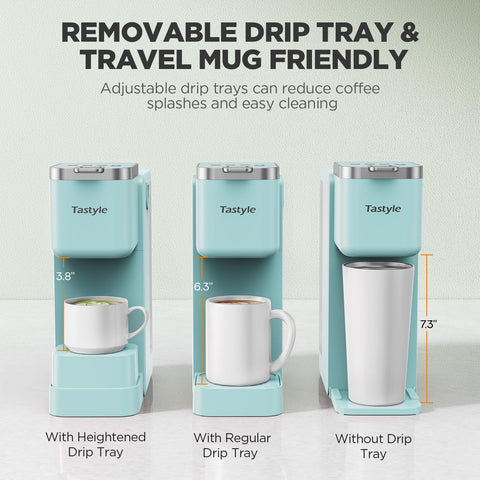 Tastyle teal coffee maker includes two detachable drip trays to minimize spills.