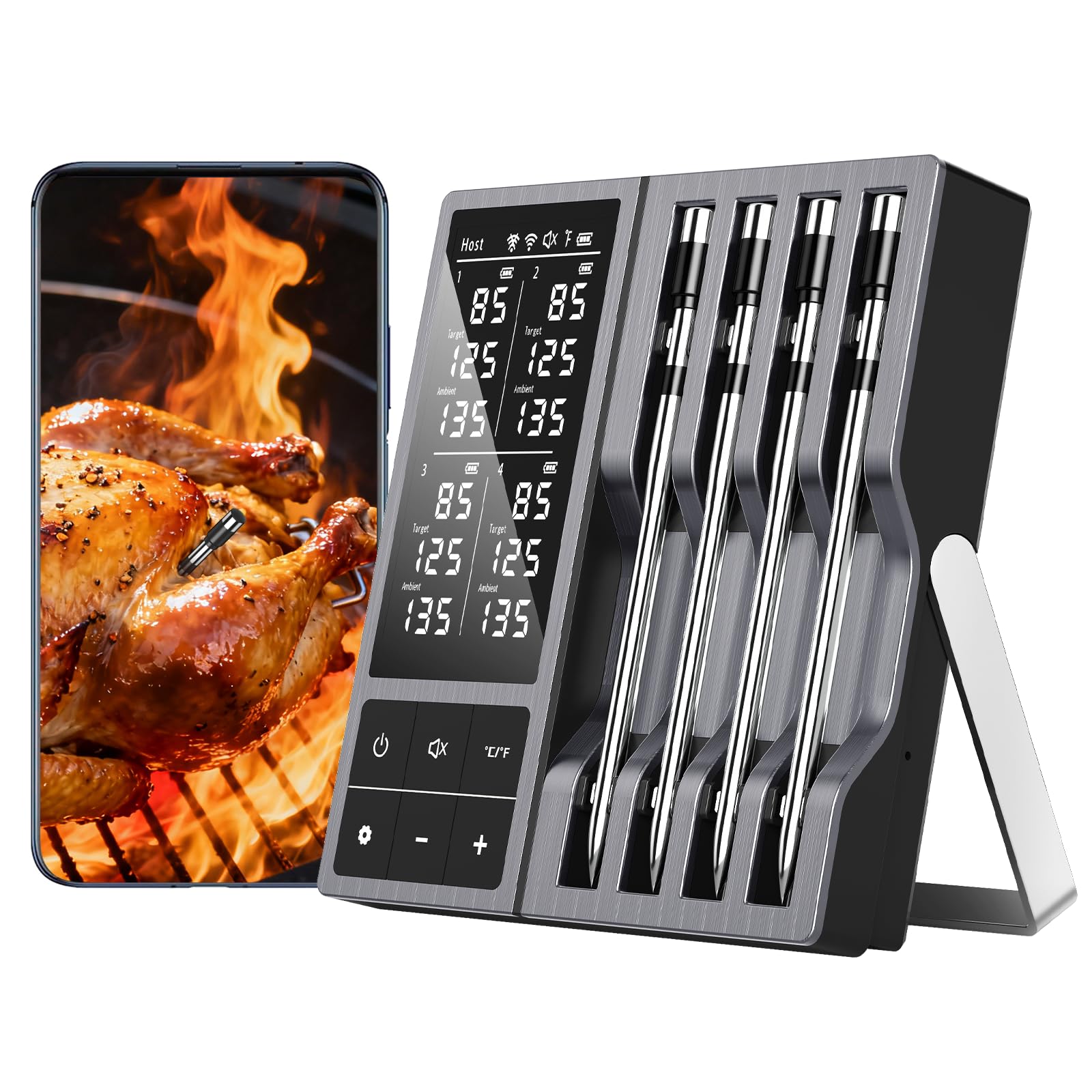 TASTYTI wireless smart thermometer with 4-probe setup for simultaneous multi-meat monitoring.