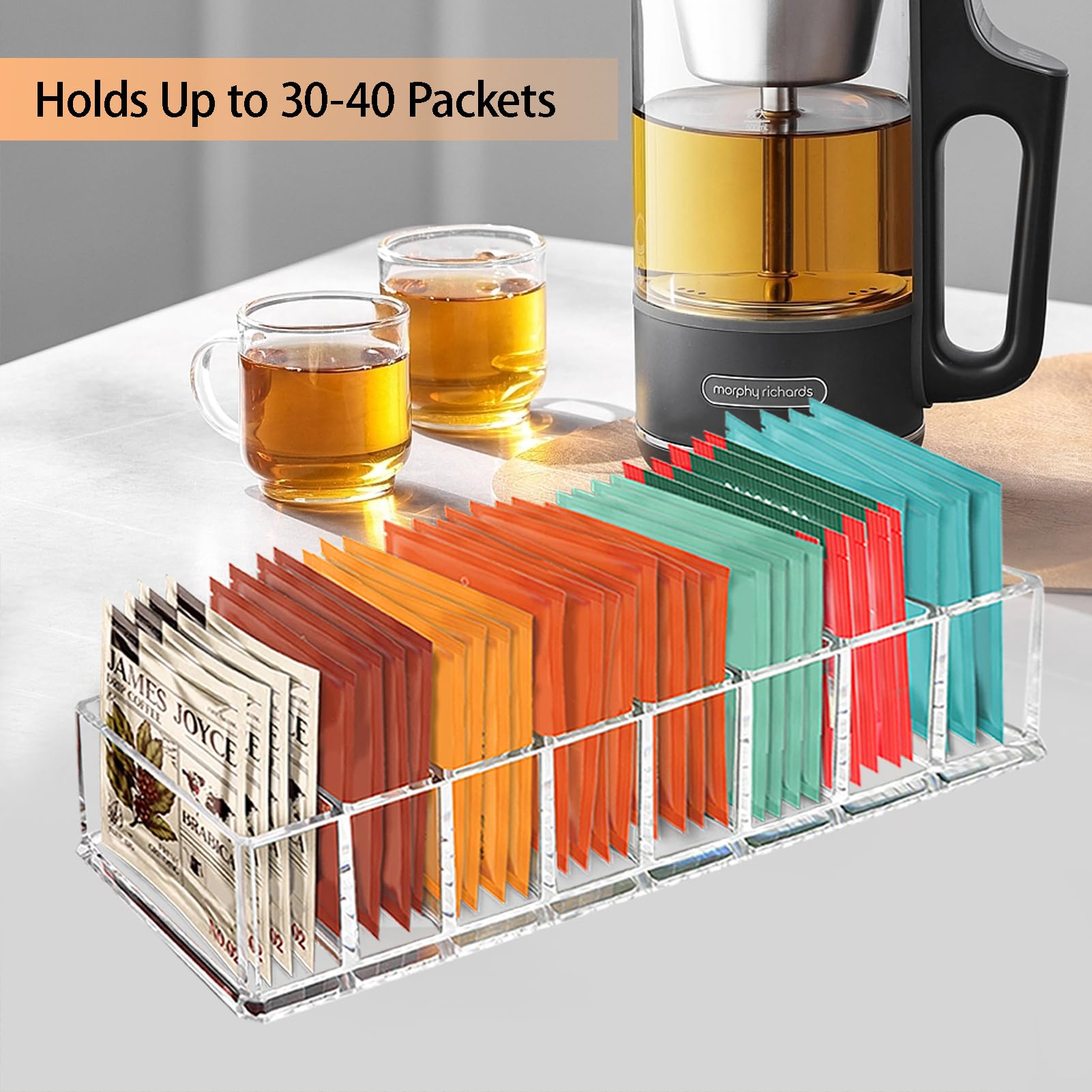 Tasybox kitchen countertop organizer keeps tea bags within easy reach