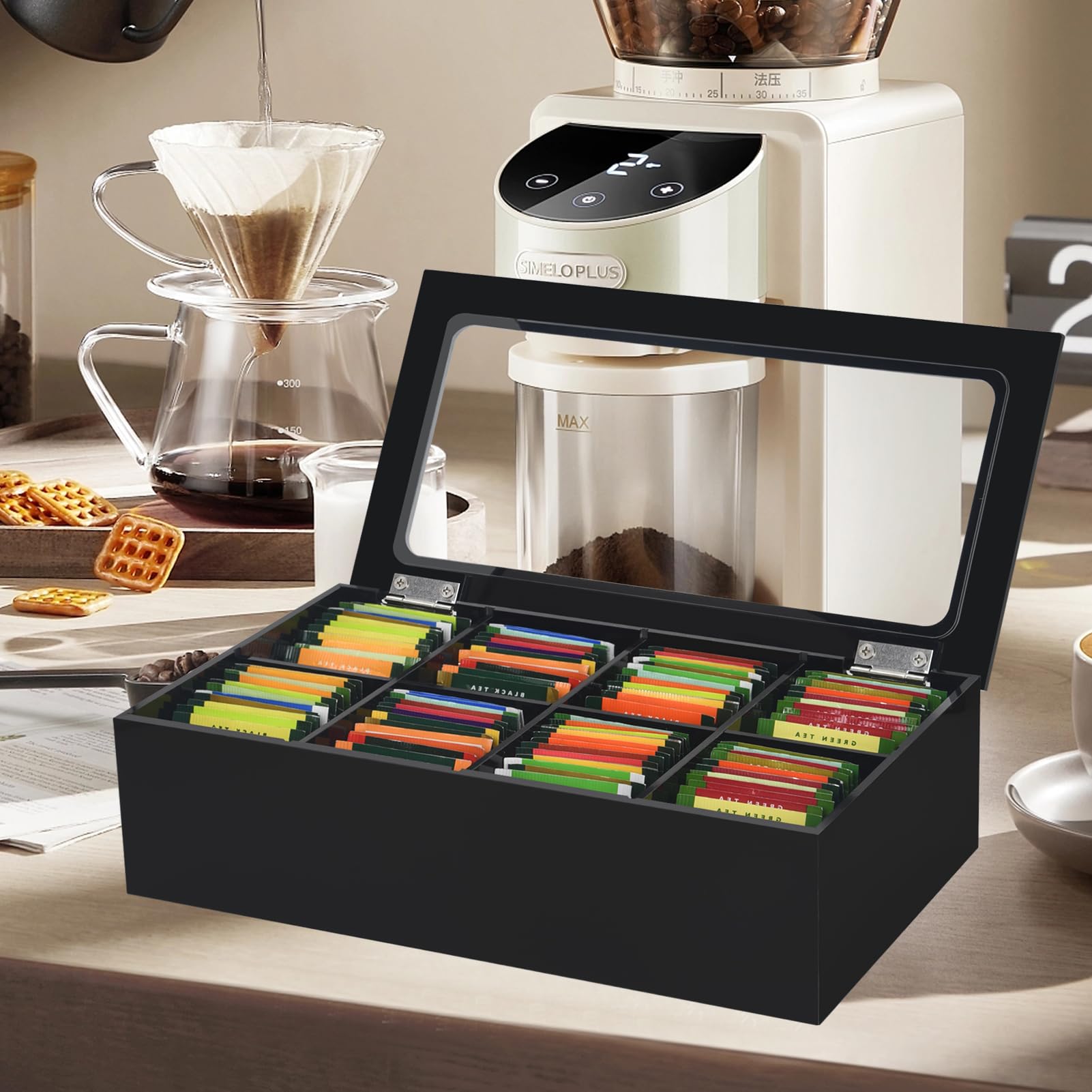 Tasybox large capacity tea box accommodates up to 120 packets at once.