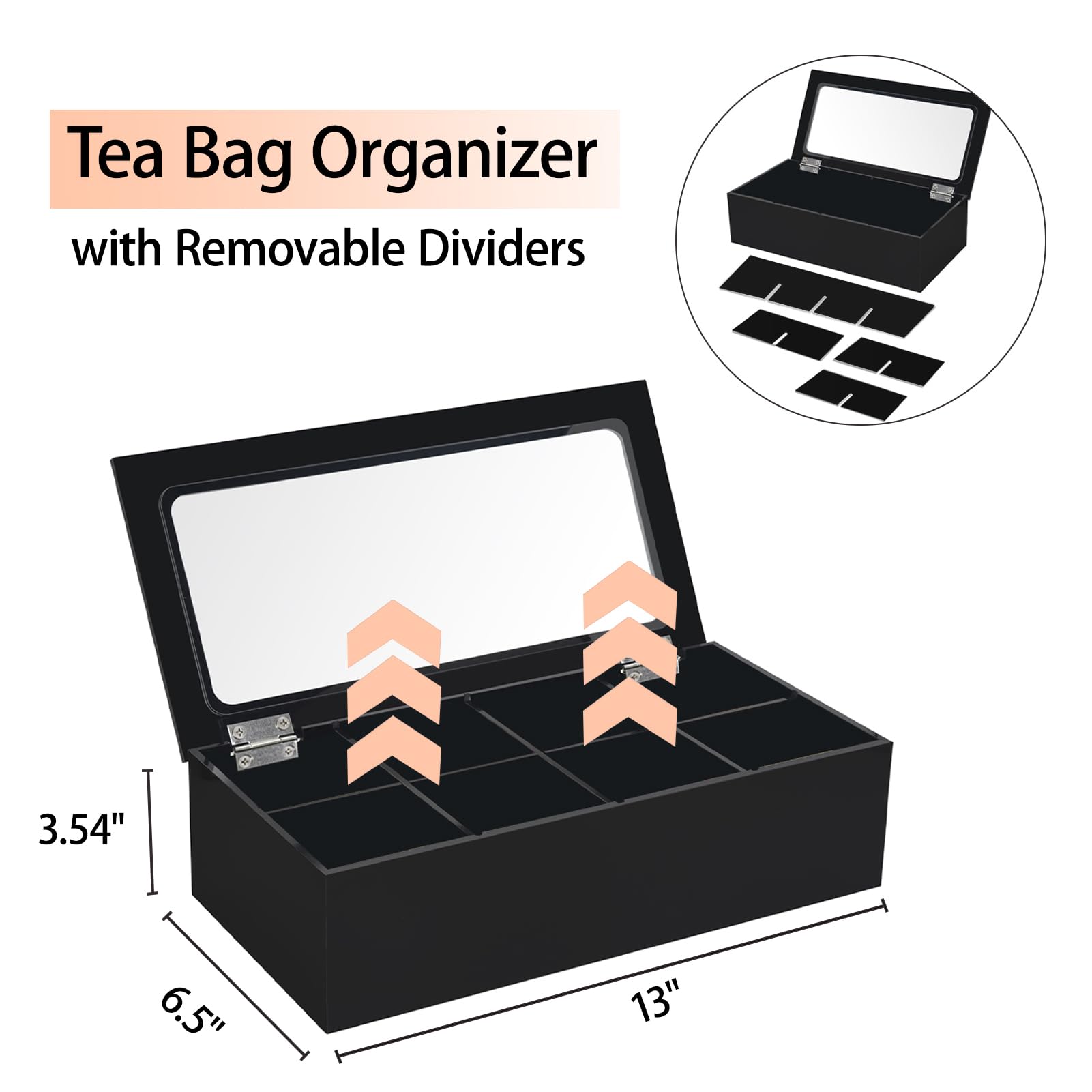 Tasybox tea bag holder with removable dividers for flexible storage options.