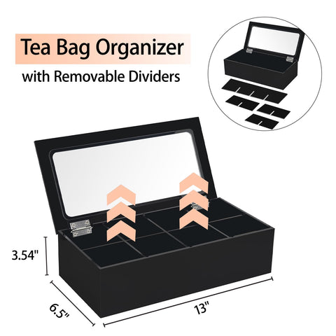 Tasybox tea bag holder with removable dividers for flexible storage options.