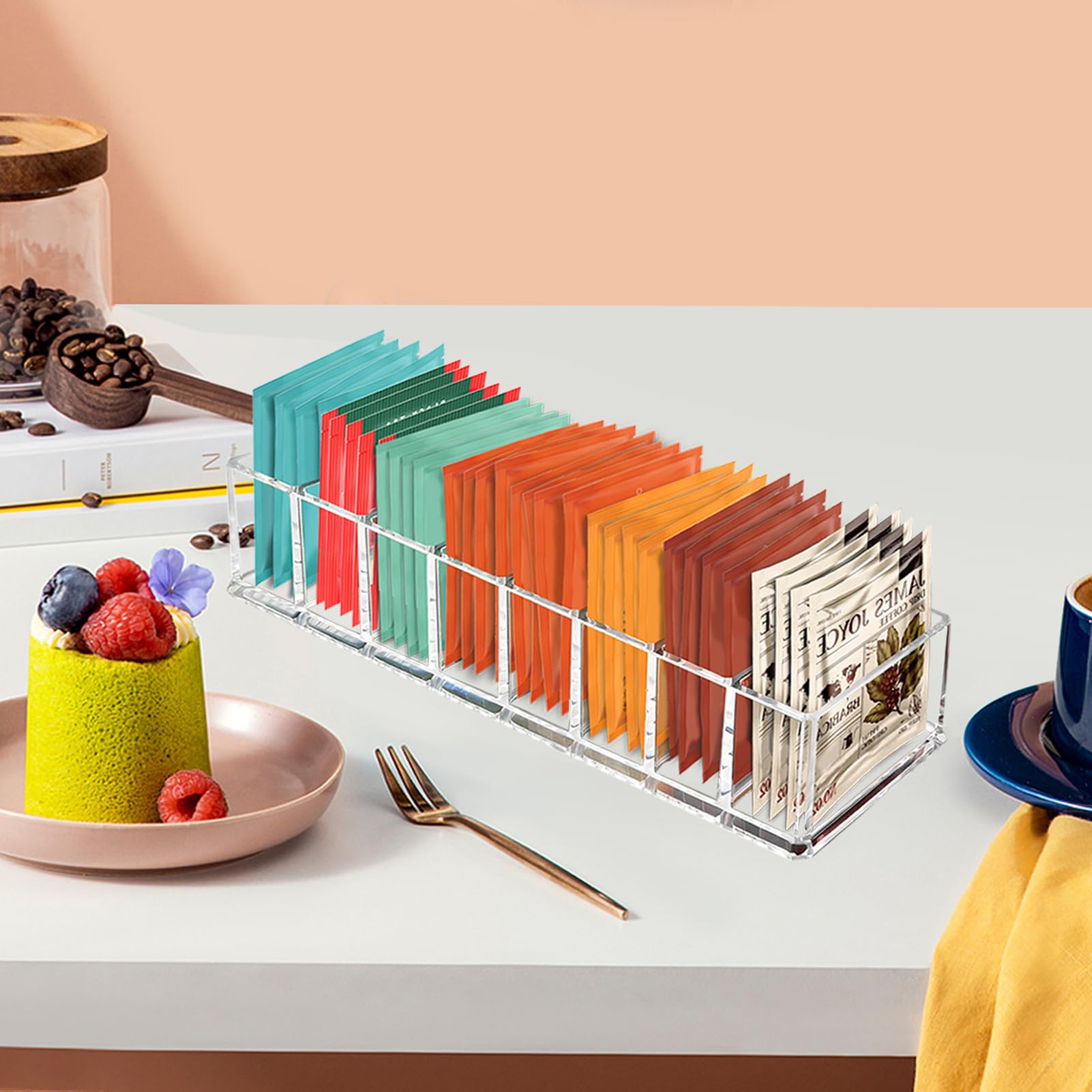 Tasybox tea bag organizer fits on a desk for guest use