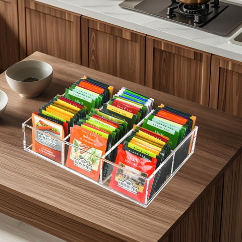 Tasybox tea bag organizer with removable dividers adapts to space