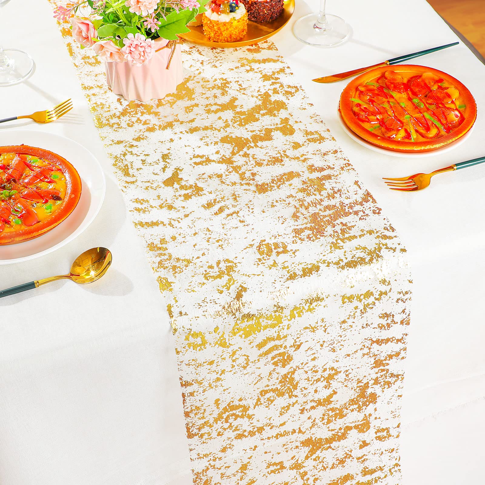 Tatuo gold table runner wedding setup shines under sunlight and candlelight