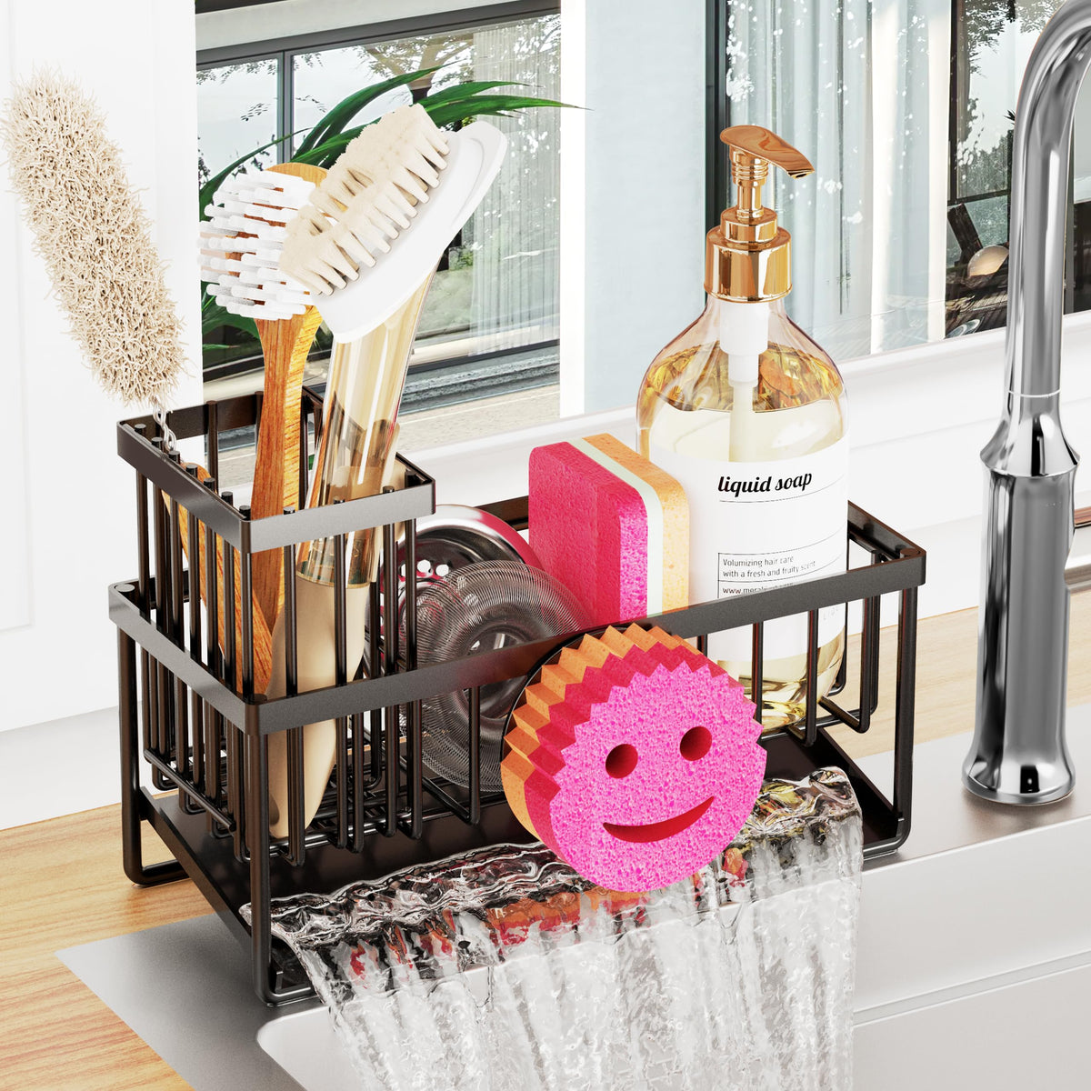Taugast sponge holder with smiley face design keeps sponges accessible and dry.
