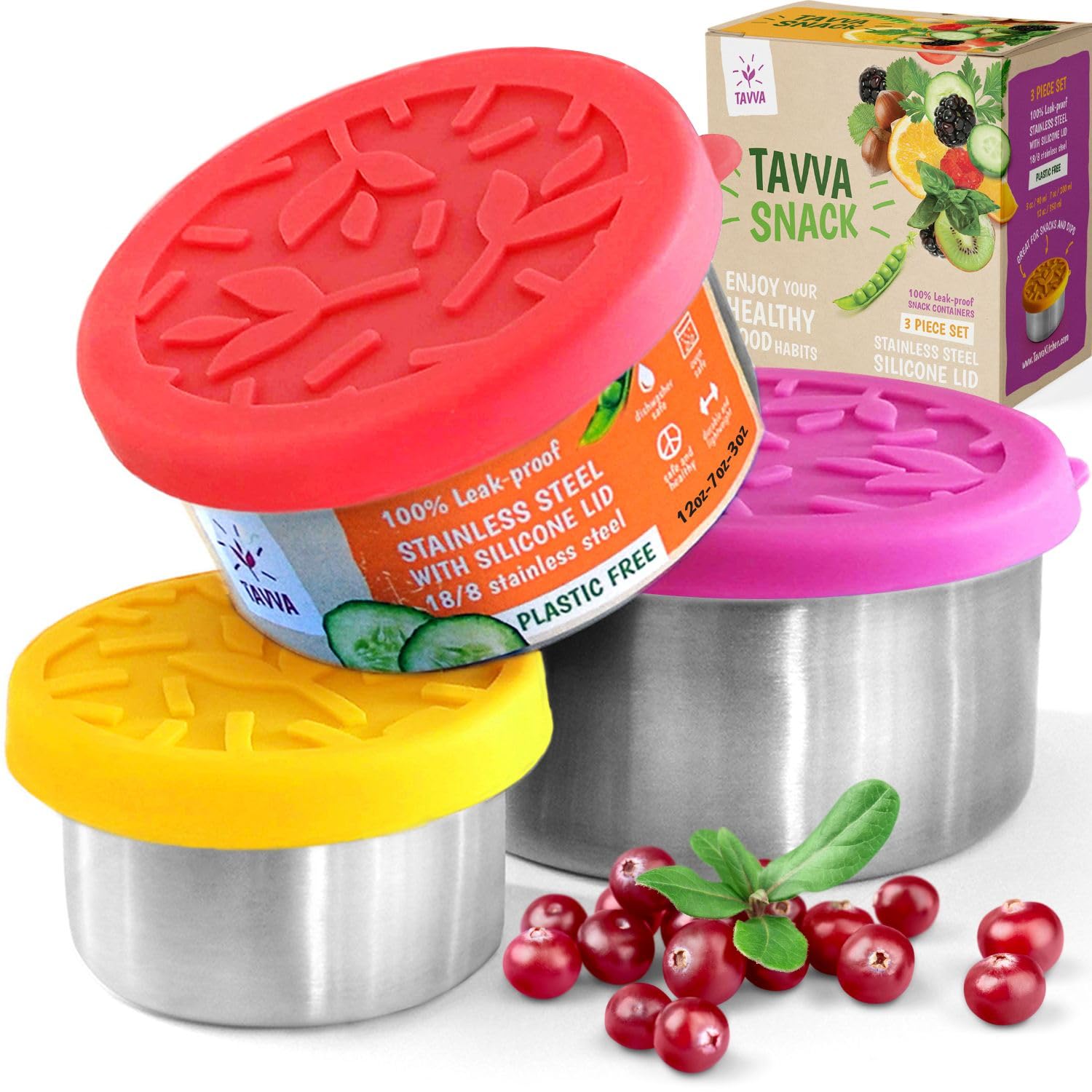 TAVVA 12oz stainless steel snack container with leakproof lid for school lunches.