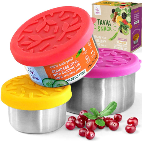 TAVVA 12oz stainless steel snack container with leakproof lid for school lunches.