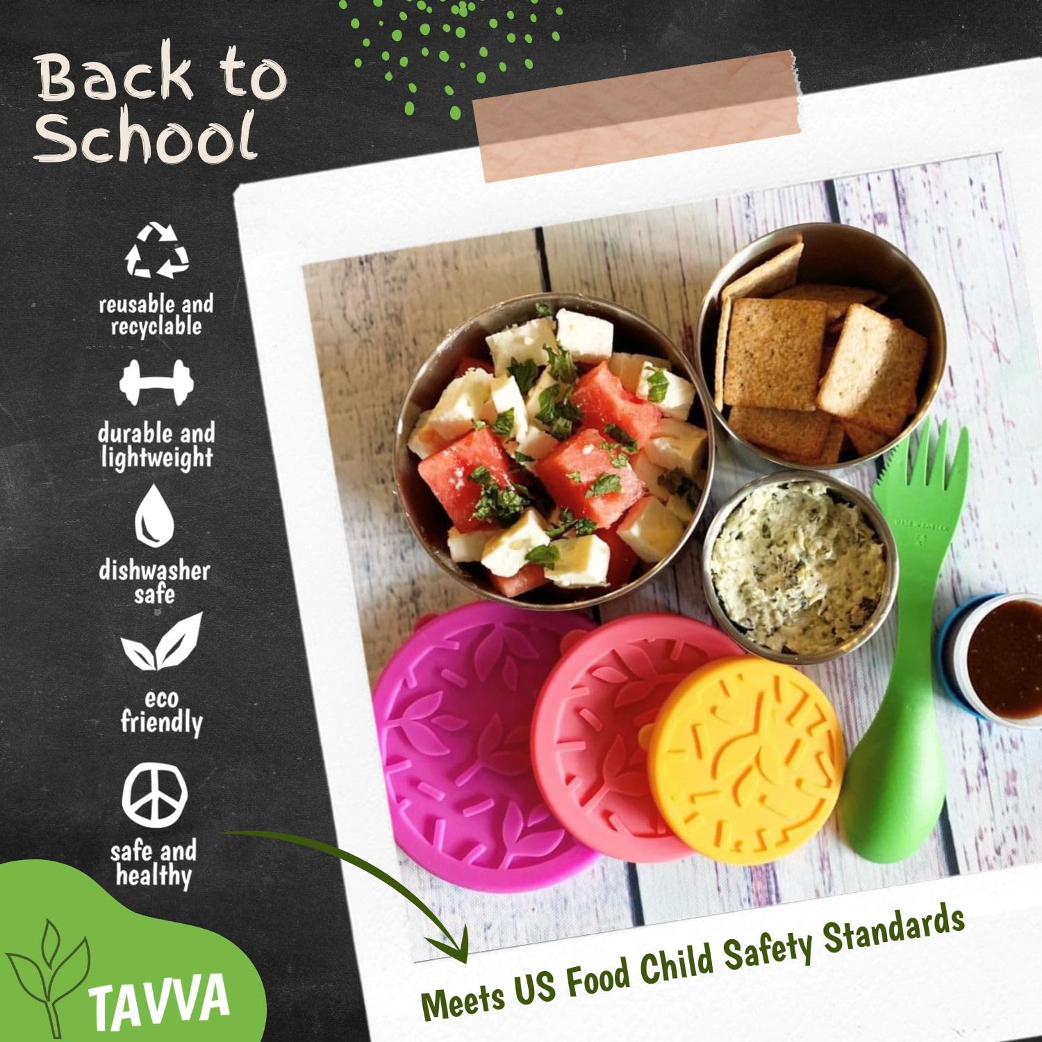 TAVVA 3oz stainless steel snack container perfect for sauces and small treats.