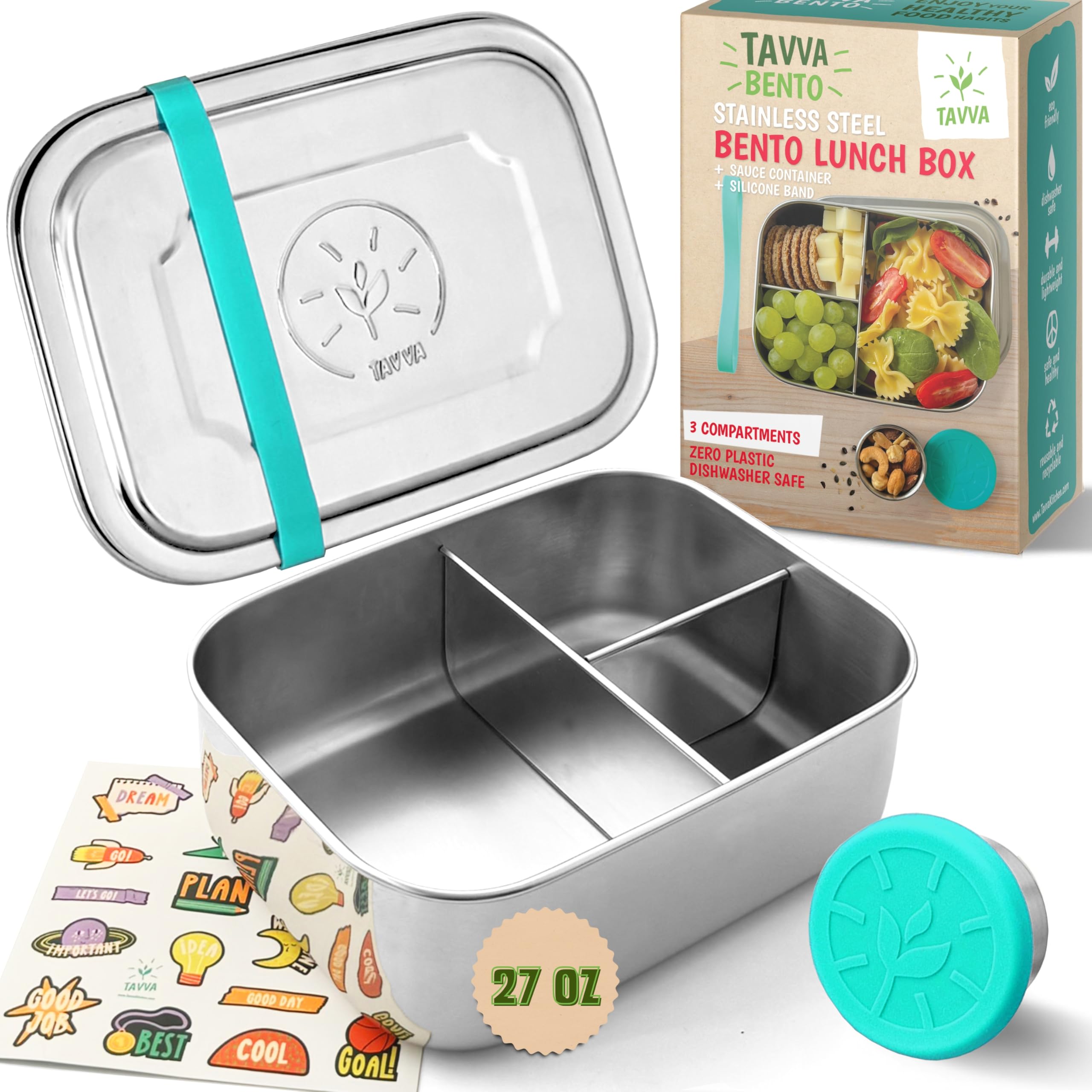 TAVVA bento box kids 27oz open-view shows three compartments for organized meals