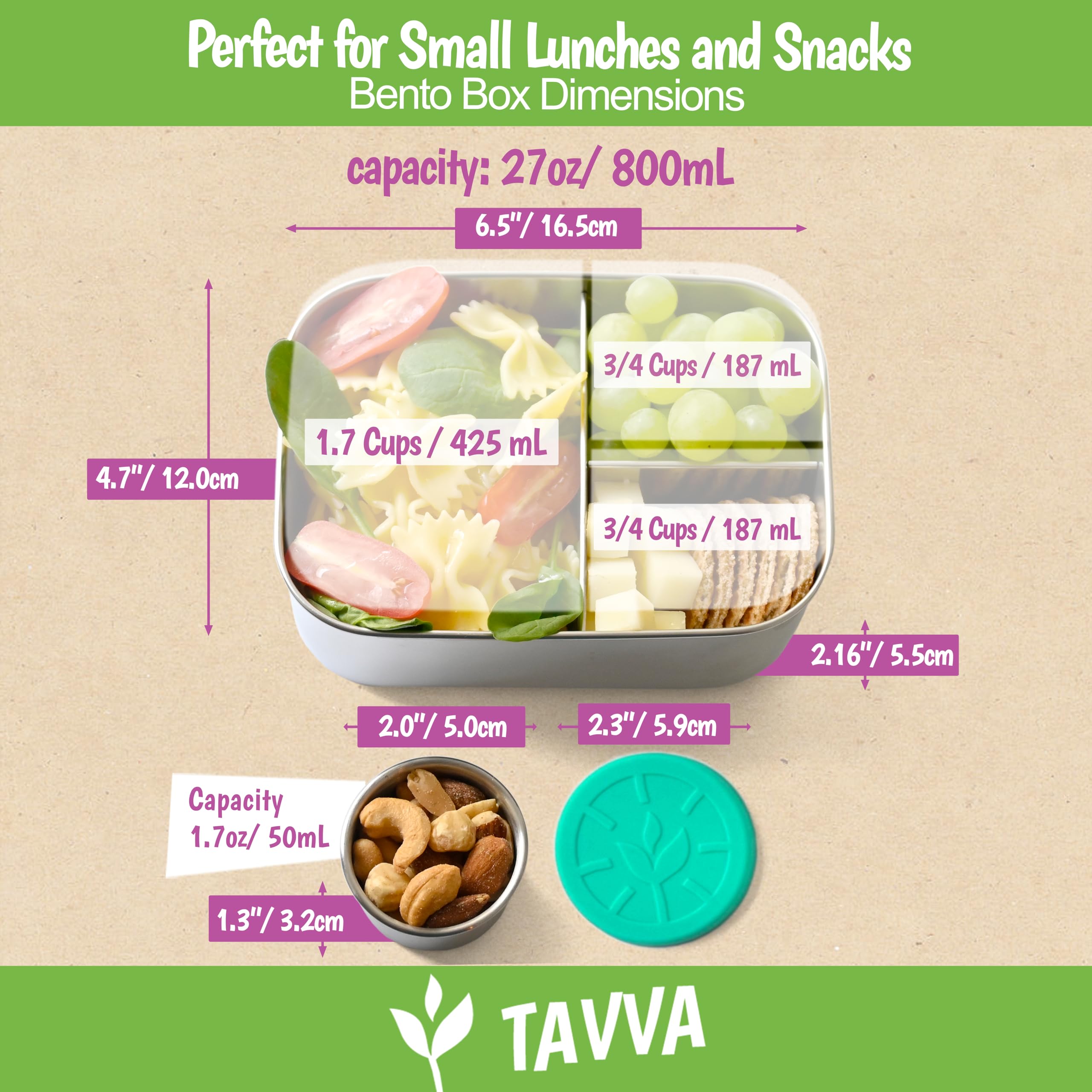 TAVVA bento box kids 27oz three compartments highlight portion variety
