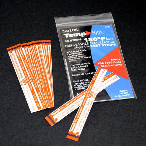 Taylor 8767J Temp-Rite dishwasher thermometer strip shows precise wash temps for FDA-compliant cycles.