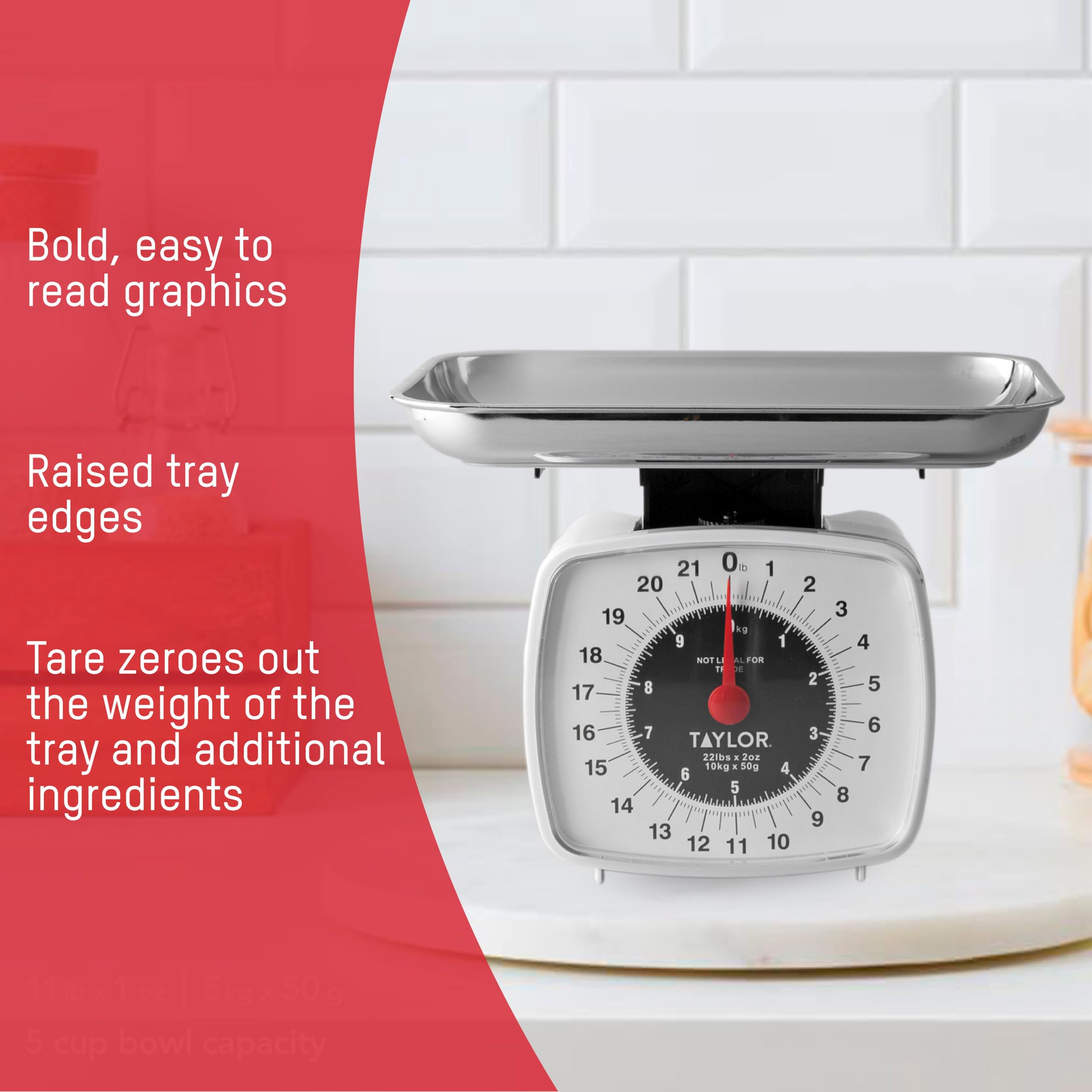 Taylor Analog Kitchen Scale dial graphics provide quick, legible readings during meal prep.