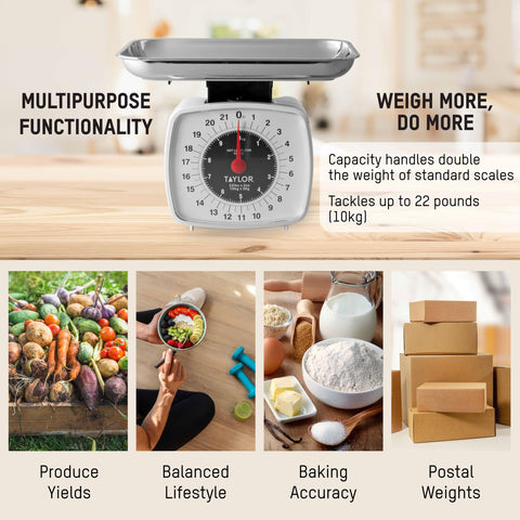 Taylor Analog Kitchen Scale weigh tray offers a roomy, safe place for heavier items.