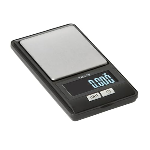 Taylor digital-display scale; clear readings support accurate ingredient measuring in the kitchen.