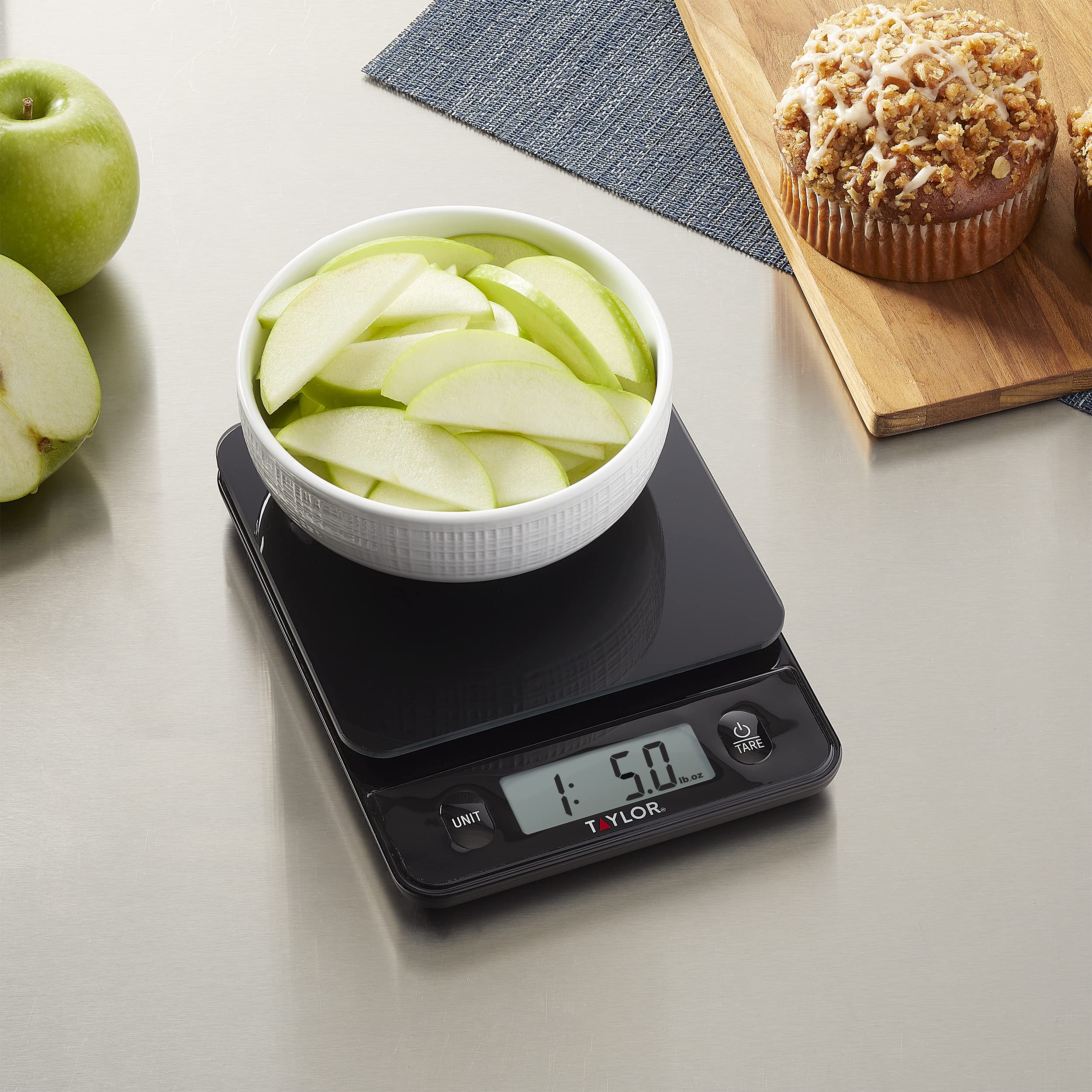 Taylor Glass Top Scale auto shut-off helps save battery life.