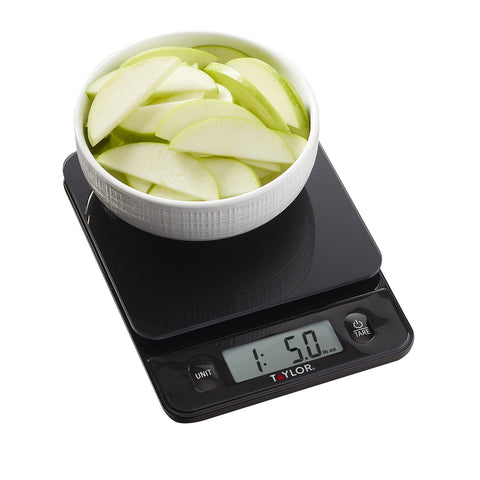Taylor Glass Top Scale features a large digital readout for easy viewing.