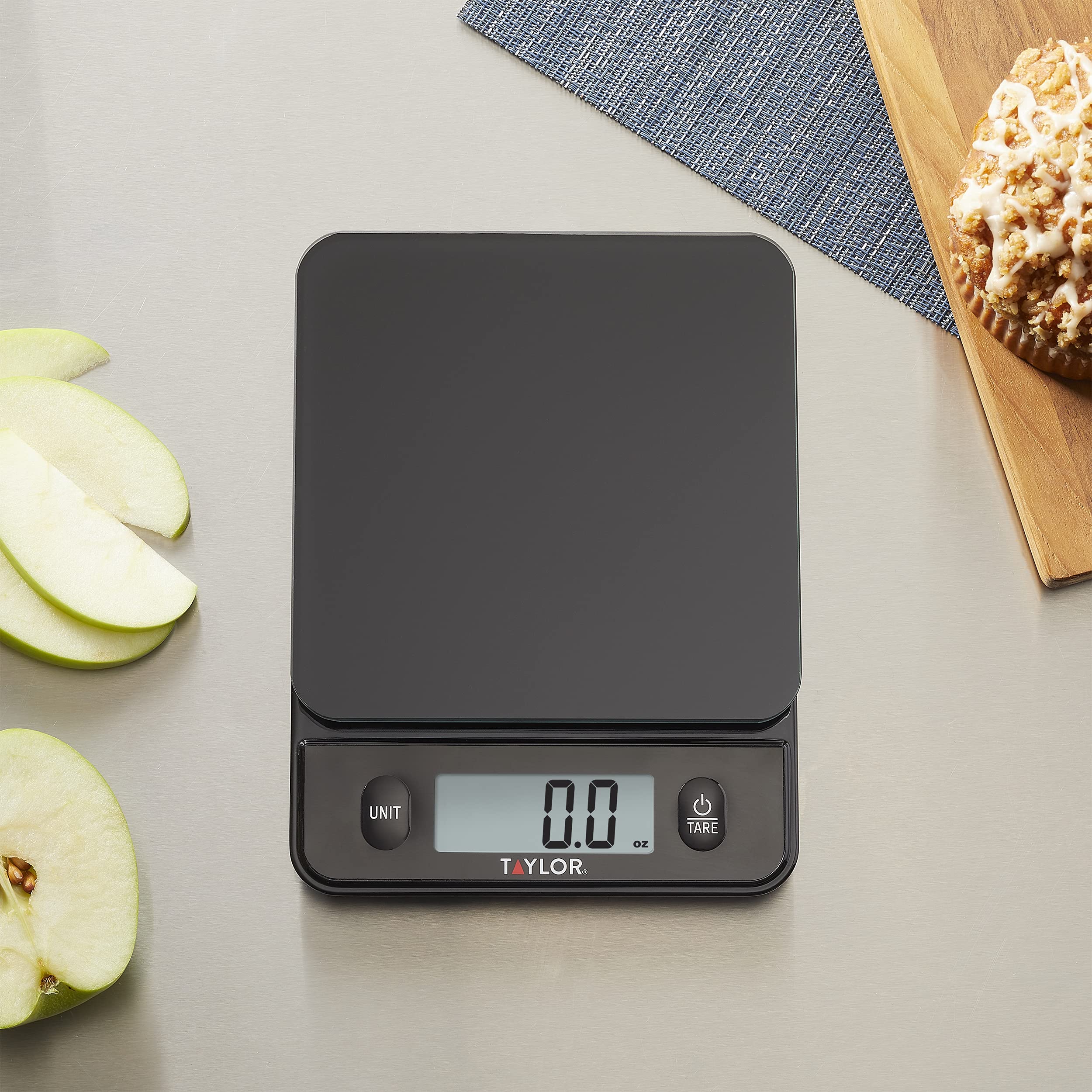 Taylor Glass Top Scale tare function simplifies weighing multiple ingredients.