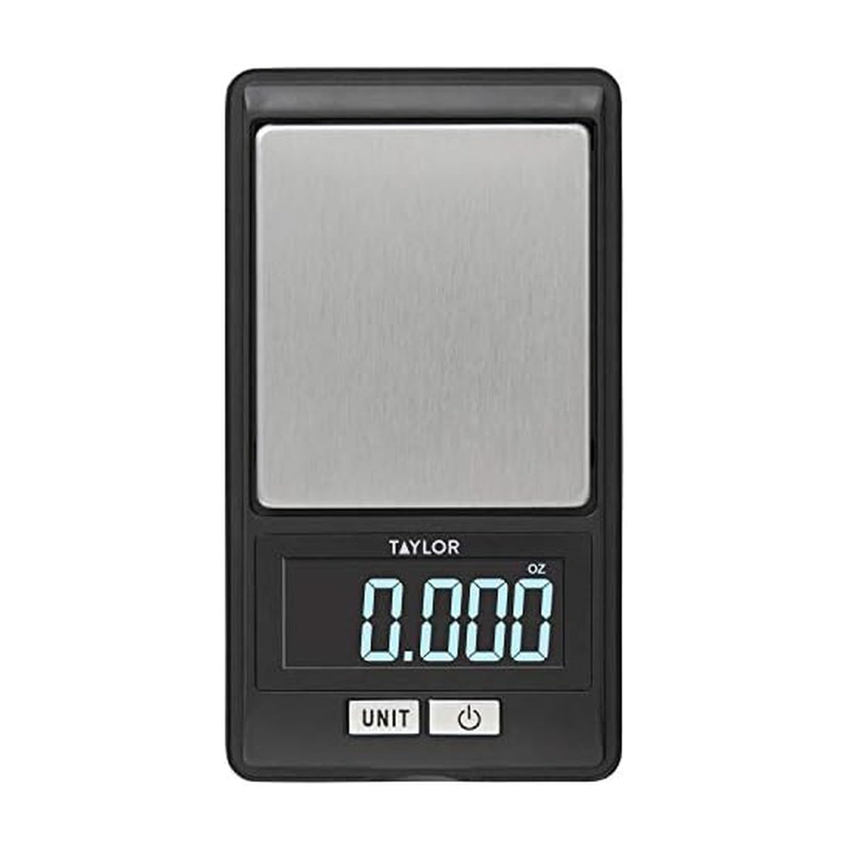 Taylor high-precision scale with cover; top-view demonstrates compact portioning on the go.