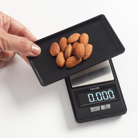 Taylor snap-on-cover extended-weighing-tray; keeps ingredients contained during weighing.