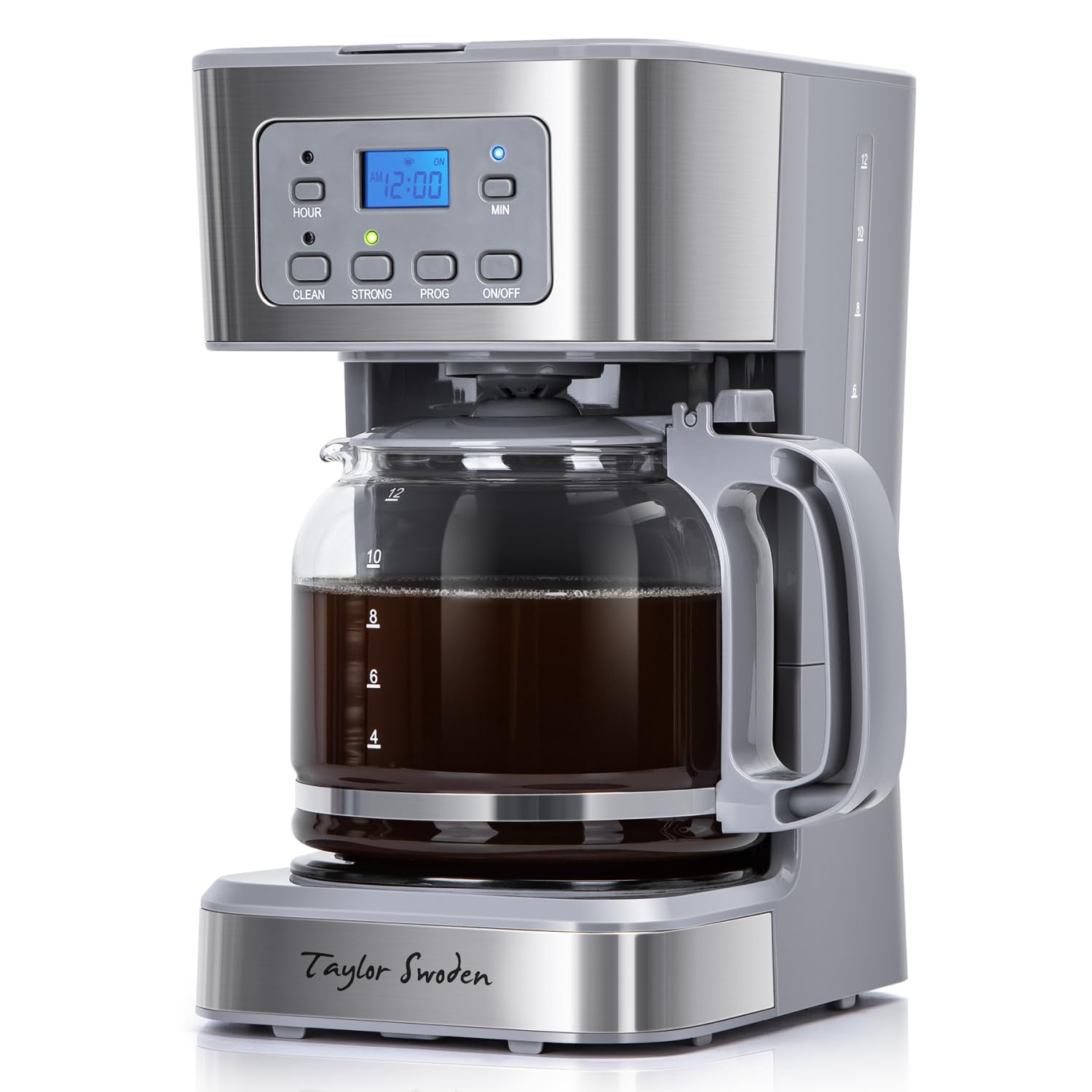 Taylor Swoden 12-cup coffee maker front view; efficient home brewing.
