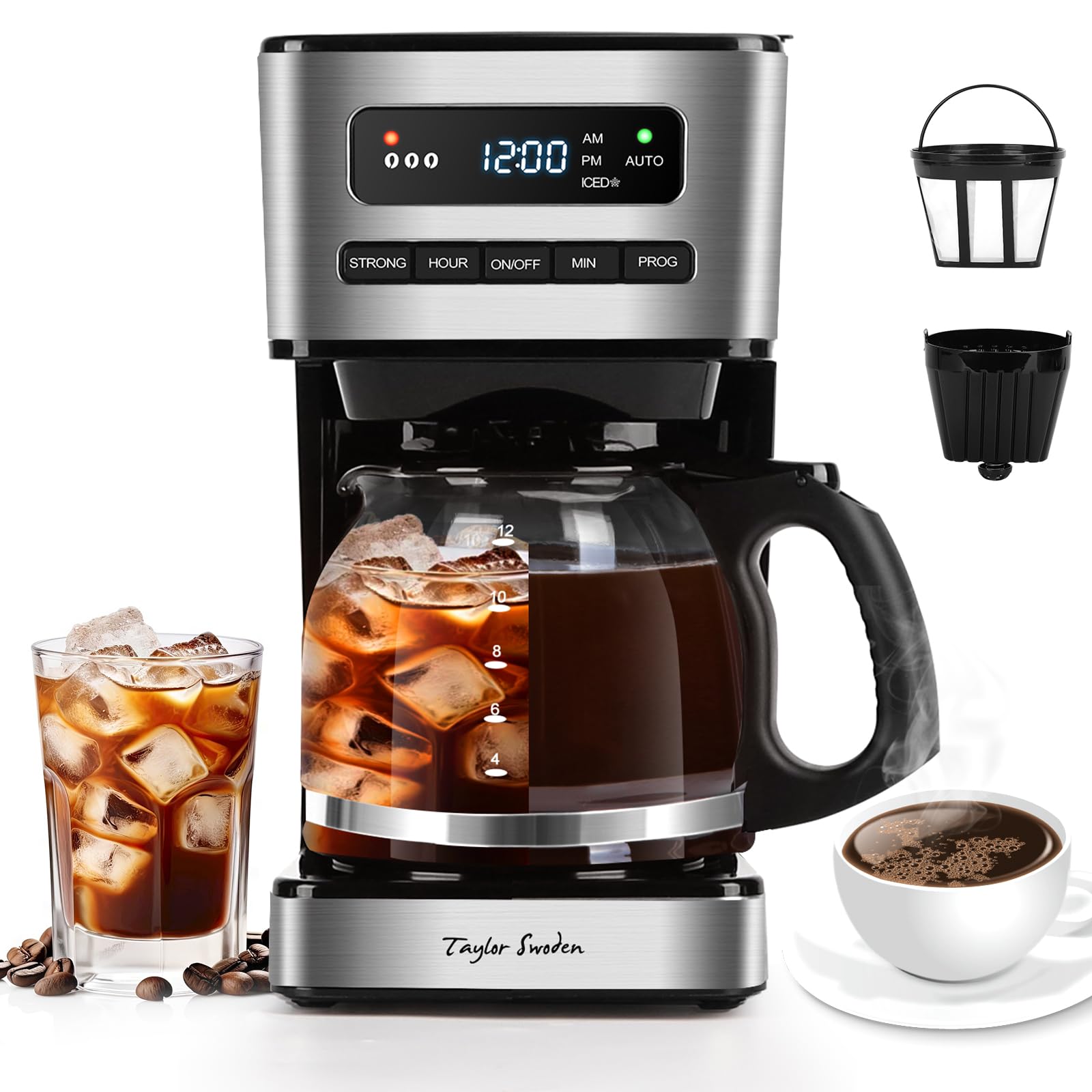 Taylor Swoden coffee maker front view with 12-cup capacity for busy mornings