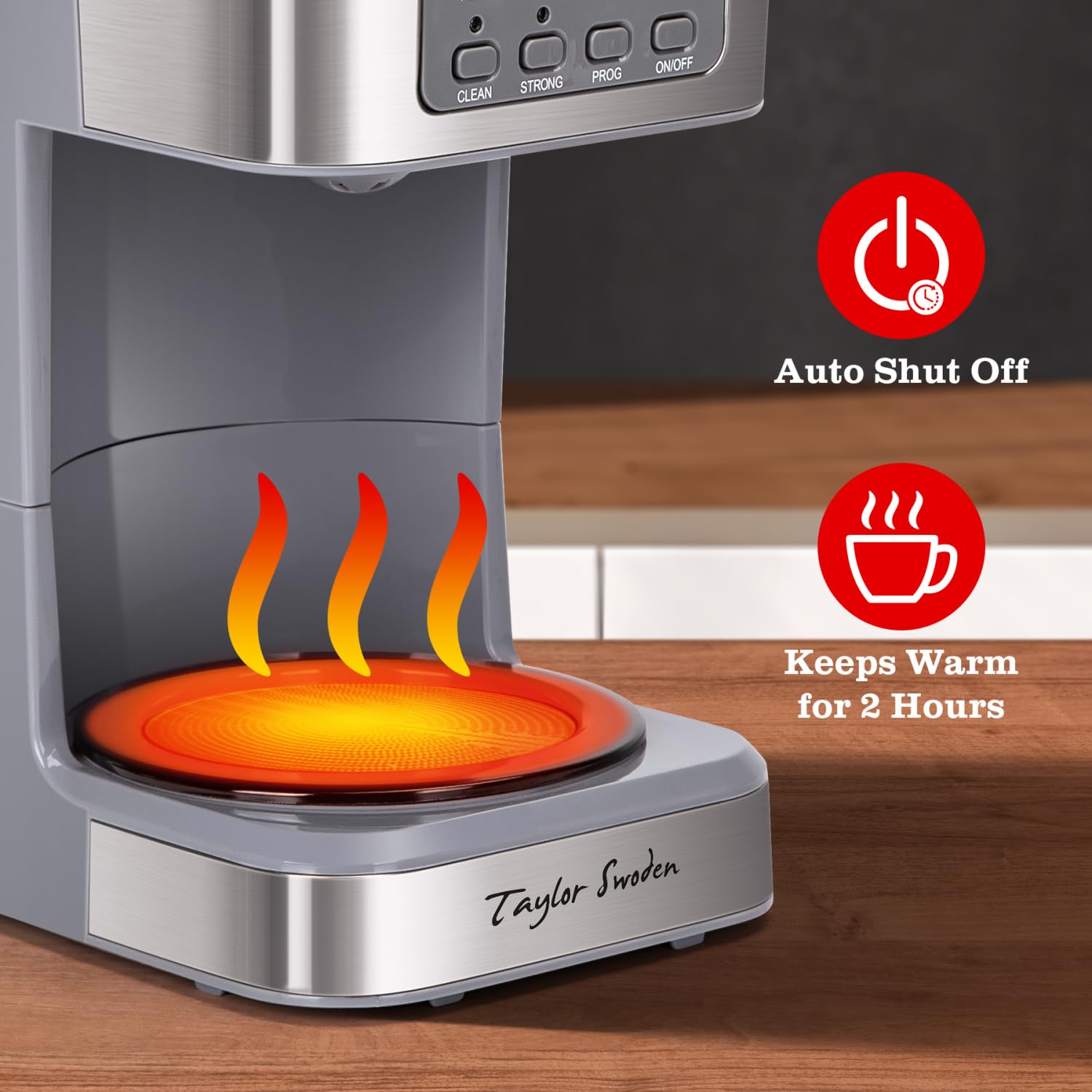 Taylor Swoden glass carafe with clear coffee level view.