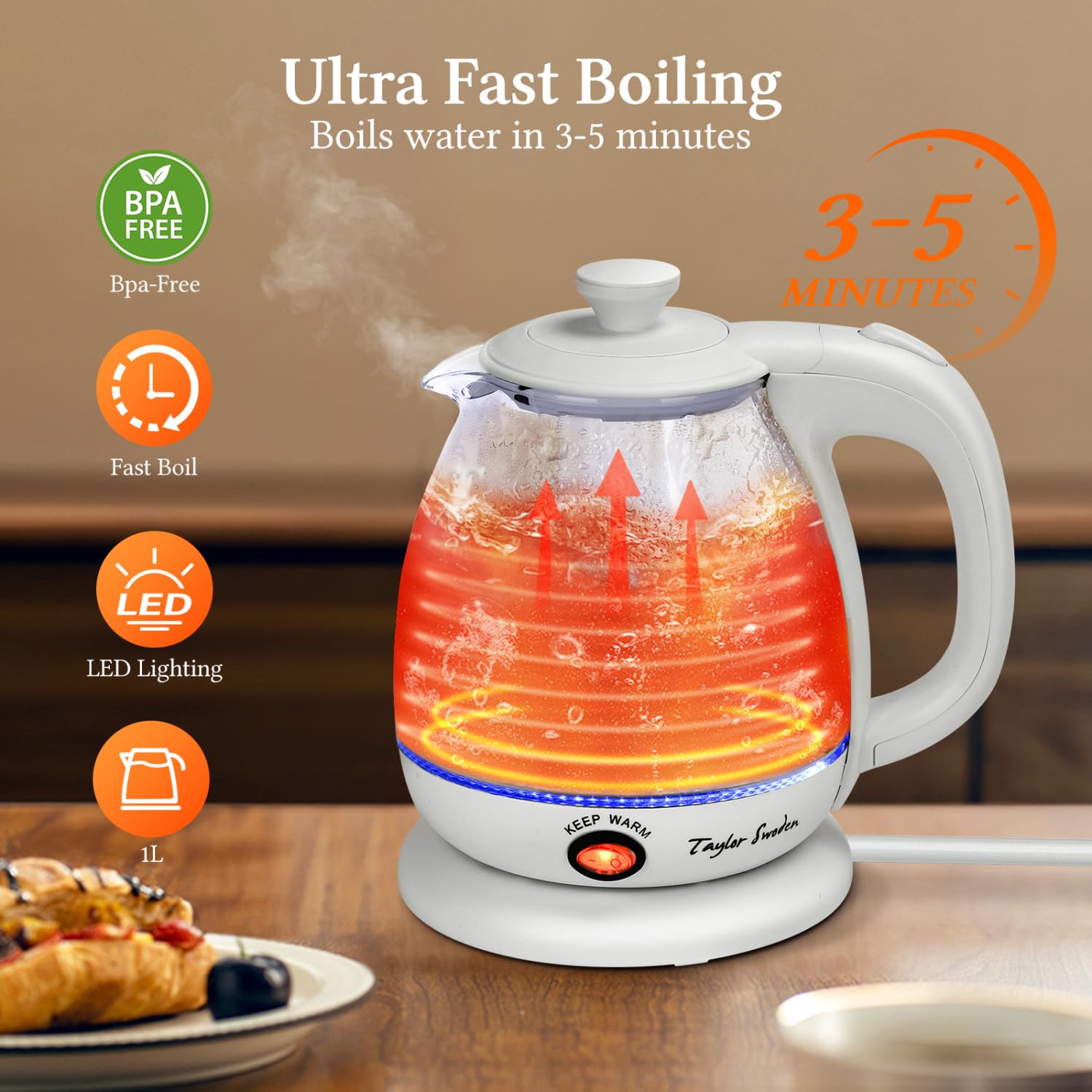 Taylor Swoden kettle with LED boil-light for easy monitoring
