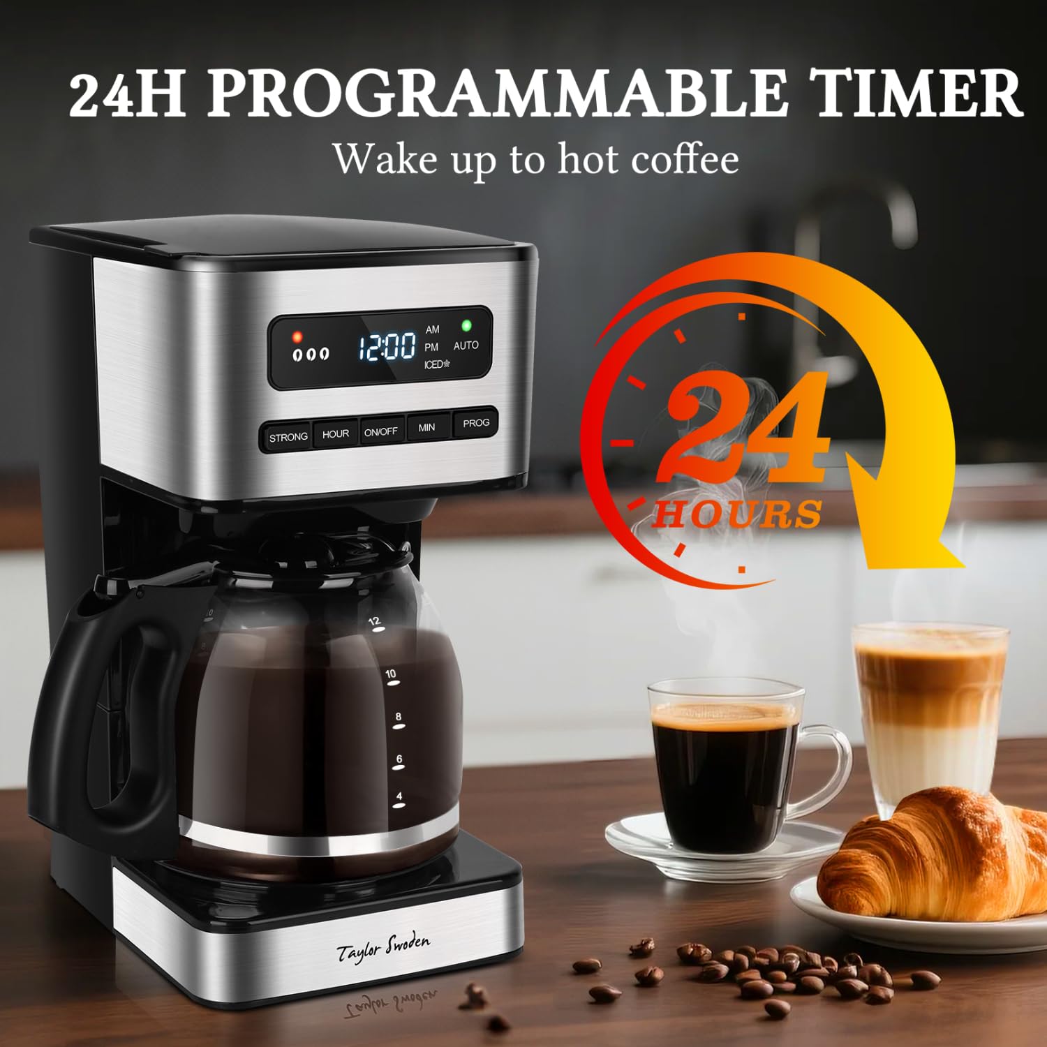 LED display on Taylor Swoden coffee maker enables easy programming