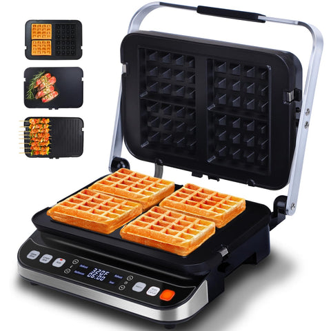 Taylor Swoden Panini Press Waffle Maker front view showing a sleek stainless steel body for versatile cooking