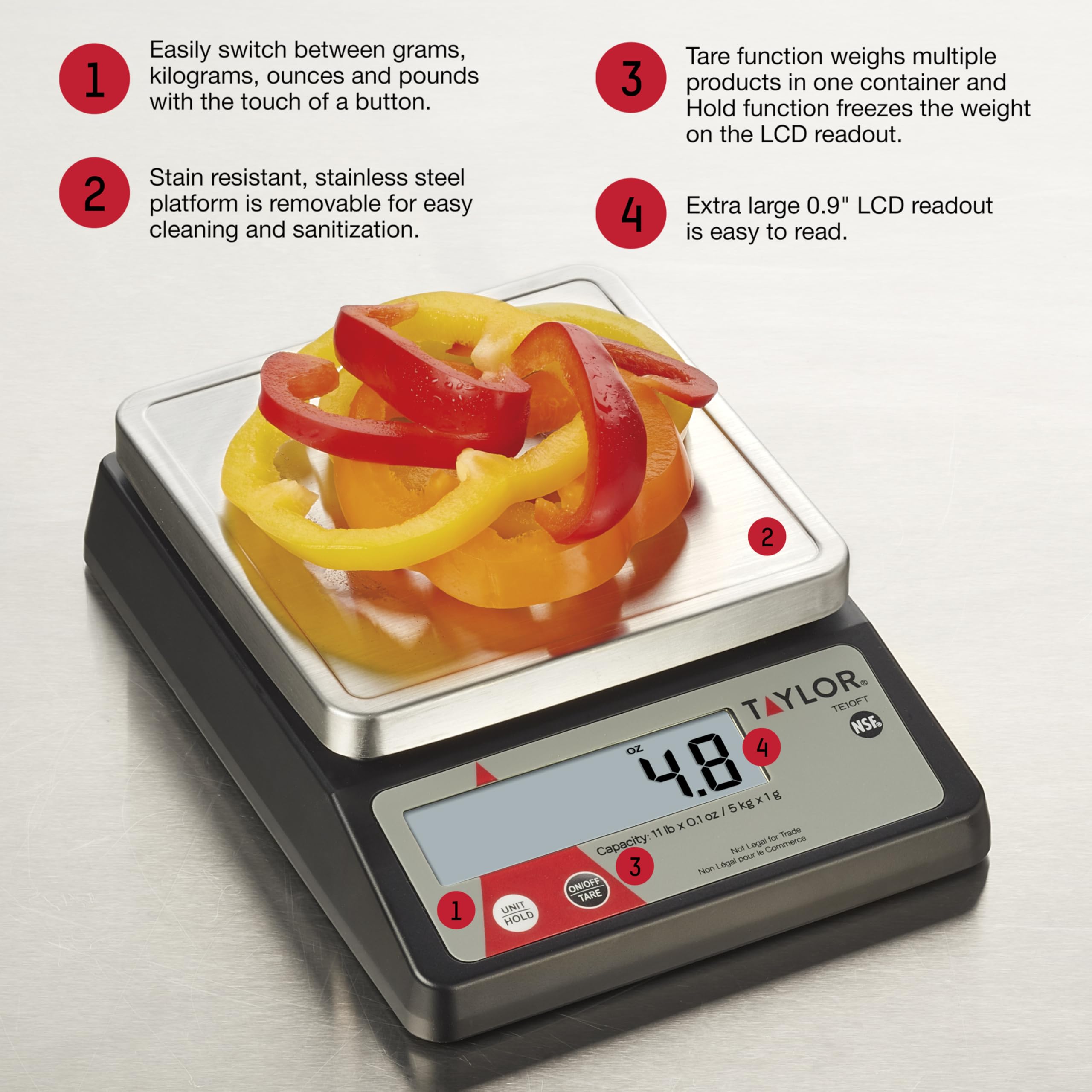Taylor TE10FT tare and hold functions streamline ingredient prep and accuracy.