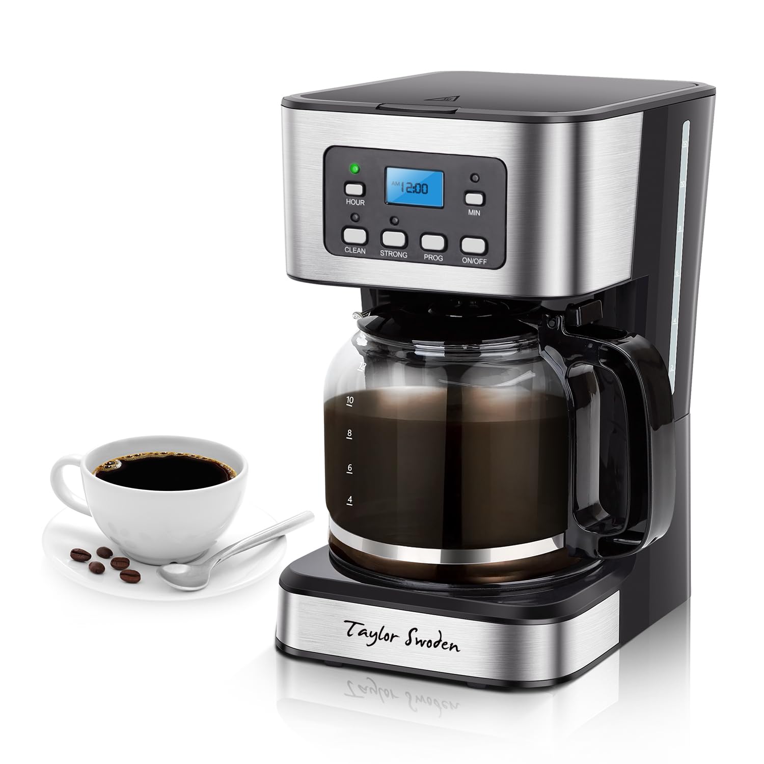 Taylor Swoden 12-cup programmable coffee maker front view for quick morning brews.