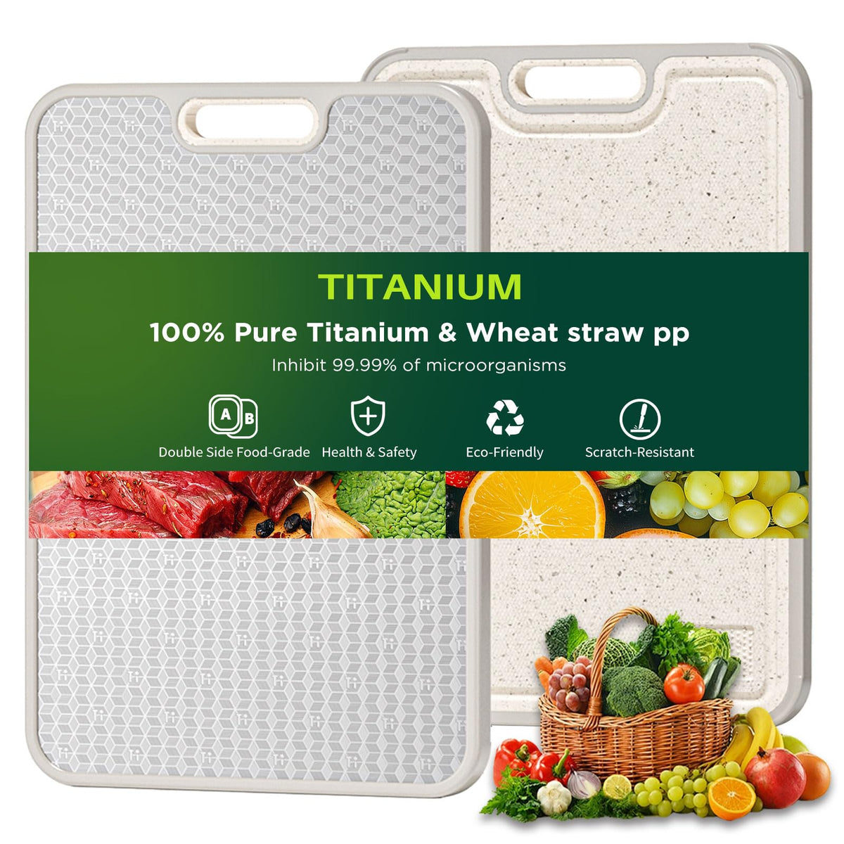 TBFWiCO titanium cutting board top view, dual surface for meat prep.