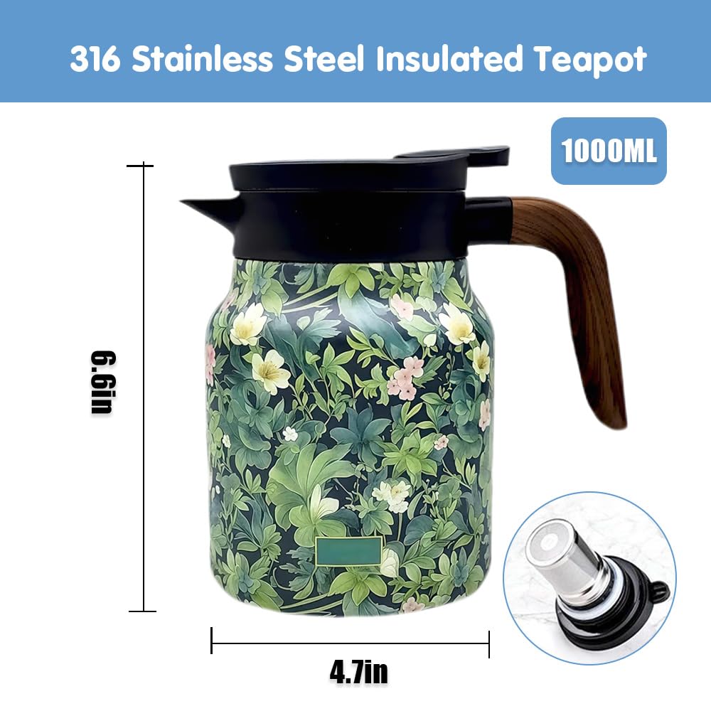 TBHAPY Vintage Floral Teapot with insulated carafe to help retain heat.