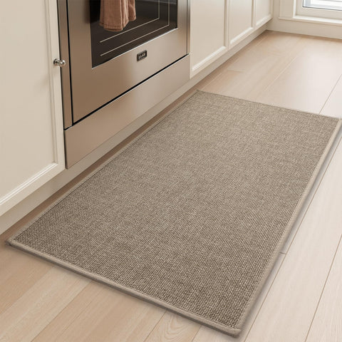 Tchdio front-of-sink tan kitchen mat showing non-slip, absorbent surface.