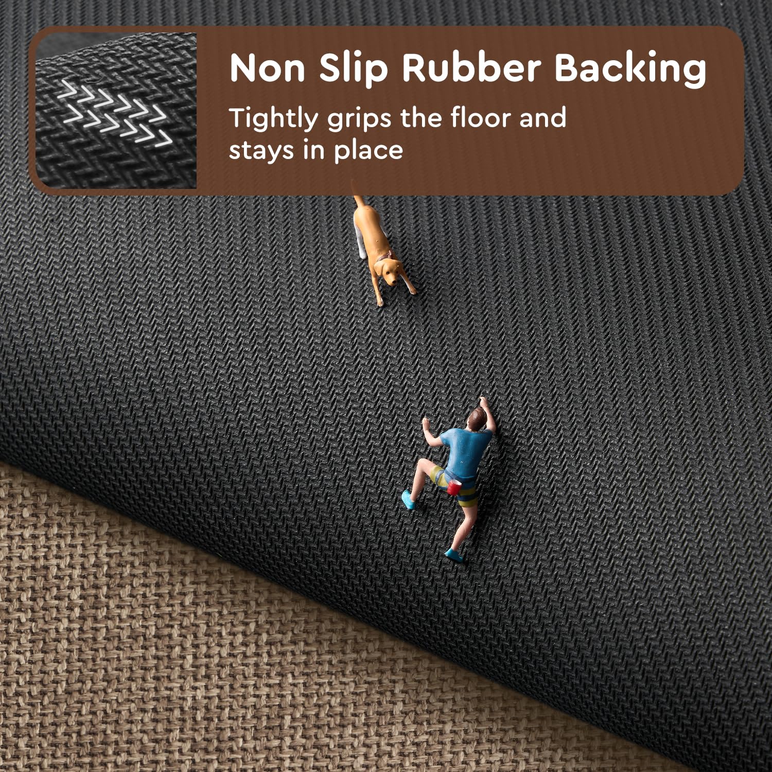 Tchdio rubber-backed mat provides steady footing on tile and hardwood floors.