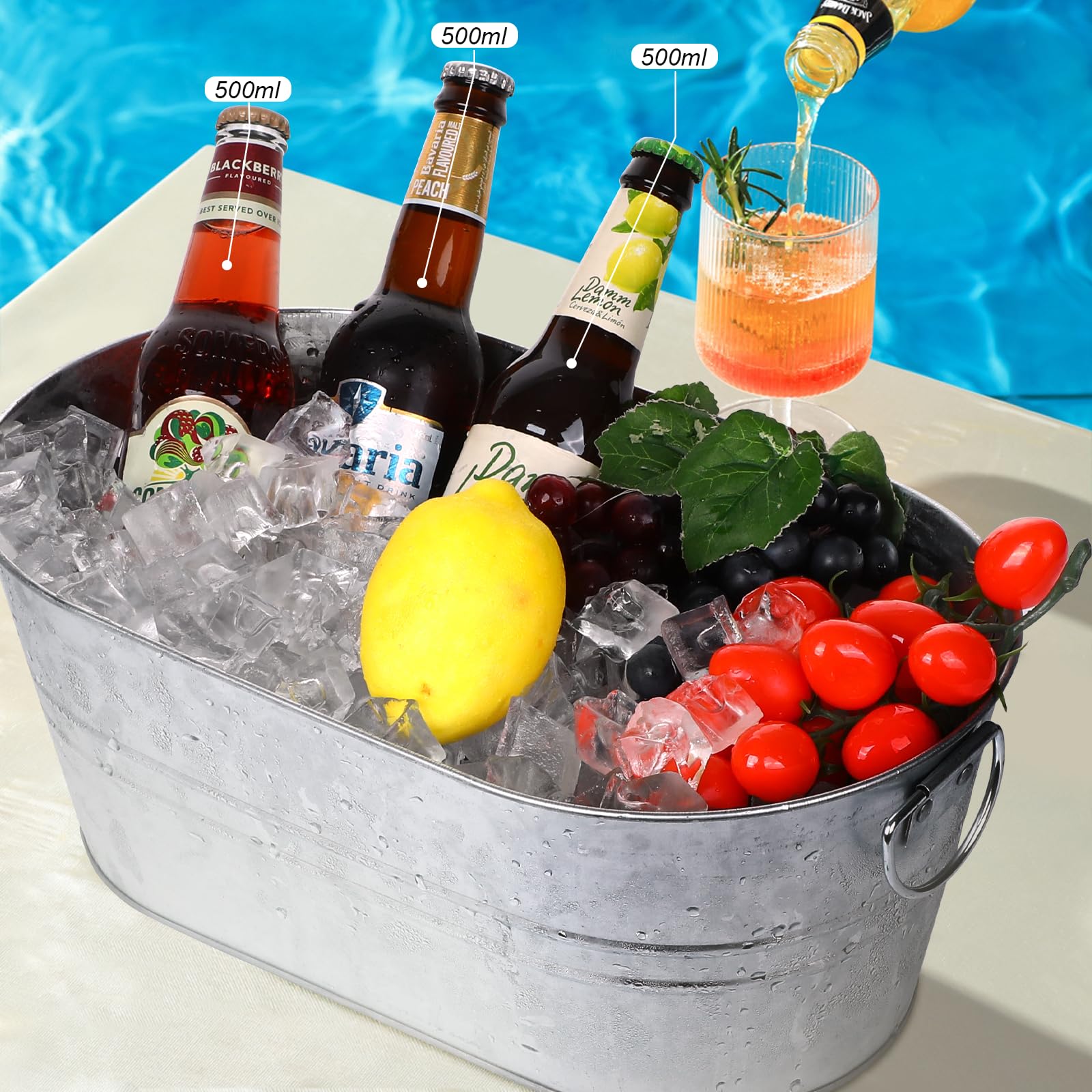 tchrules galvanized tub front view highlighting 3-gallon capacity for beverages.