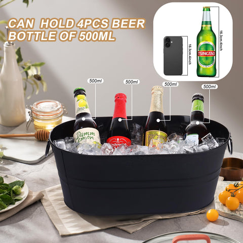 Tchrules galvanized tub with handles, convenient carry for outdoor gatherings.