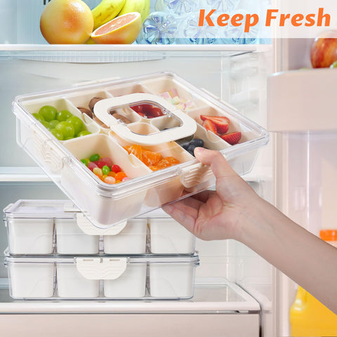 TCHZA Snackle Box clear organizer with eight compartments for snacks.