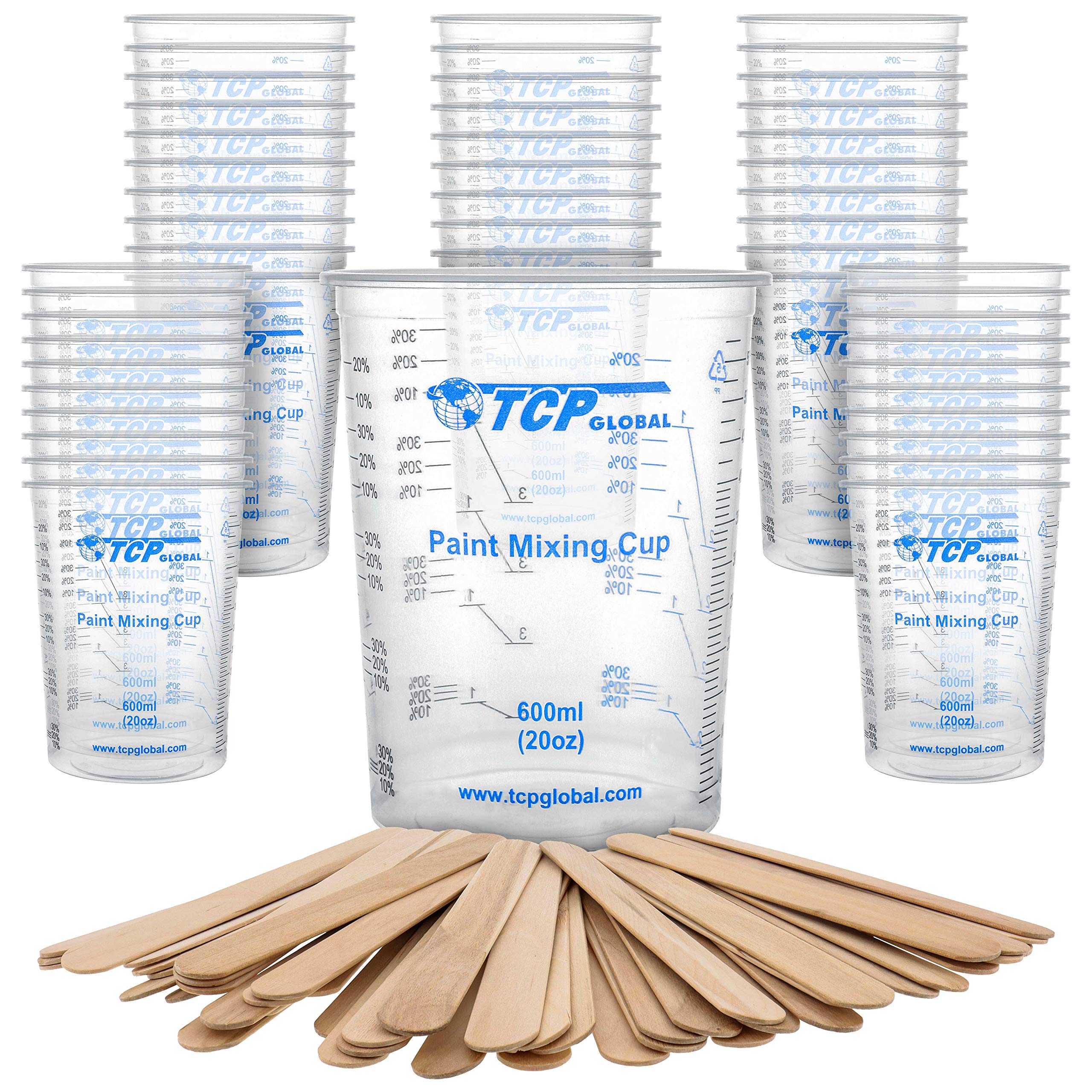 TCP Global 20 oz mixing cups in box of 50 with sticks for resin and paint projects.