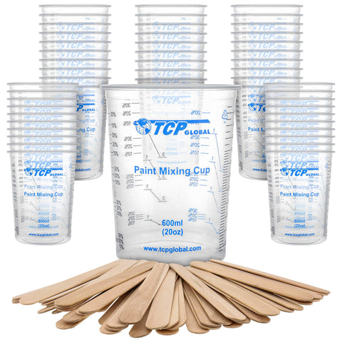 TCP Global 20 oz mixing cups in box of 50 with sticks for resin and paint projects.