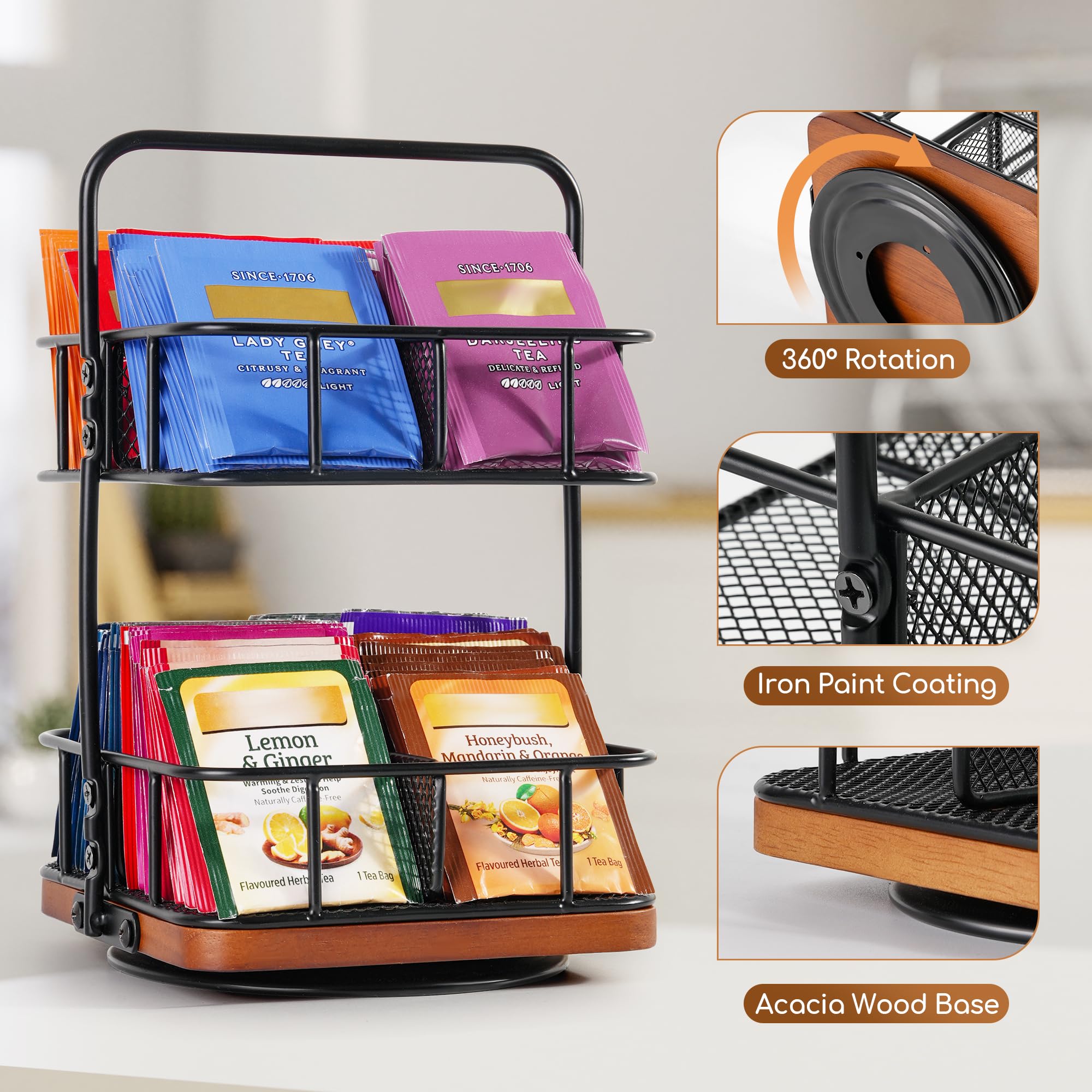 Tea Bunch acacia-wood-base tea organizer showcases natural grain and sturdy stability.