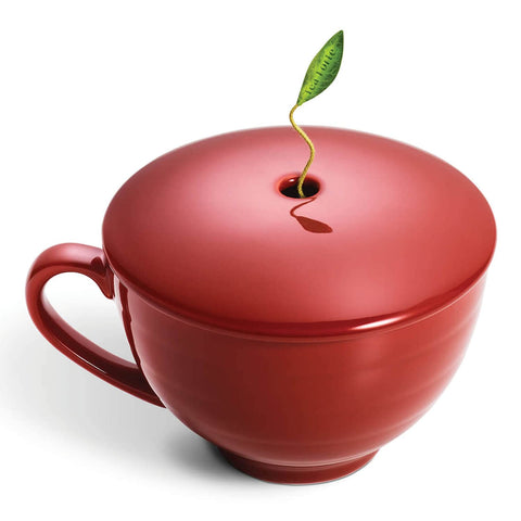 Tea Forte Cafe Cup Ruby Red lid keeps tea warm and reveals leaves during steep.