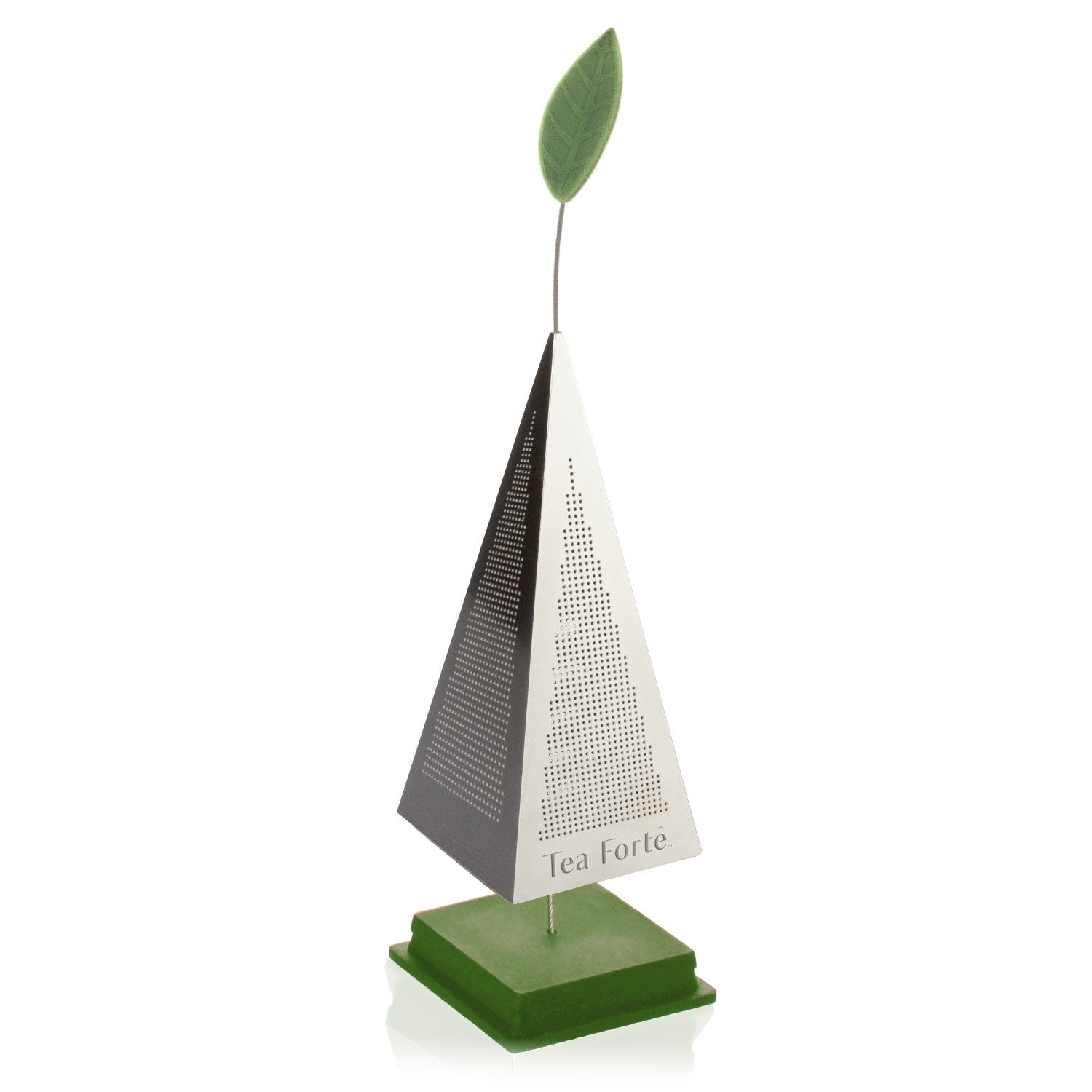 Tea Forte extra-fine infuser keeps leaves contained and brewing clean.