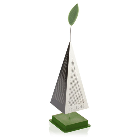Tea Forte extra-fine infuser keeps leaves contained and brewing clean.